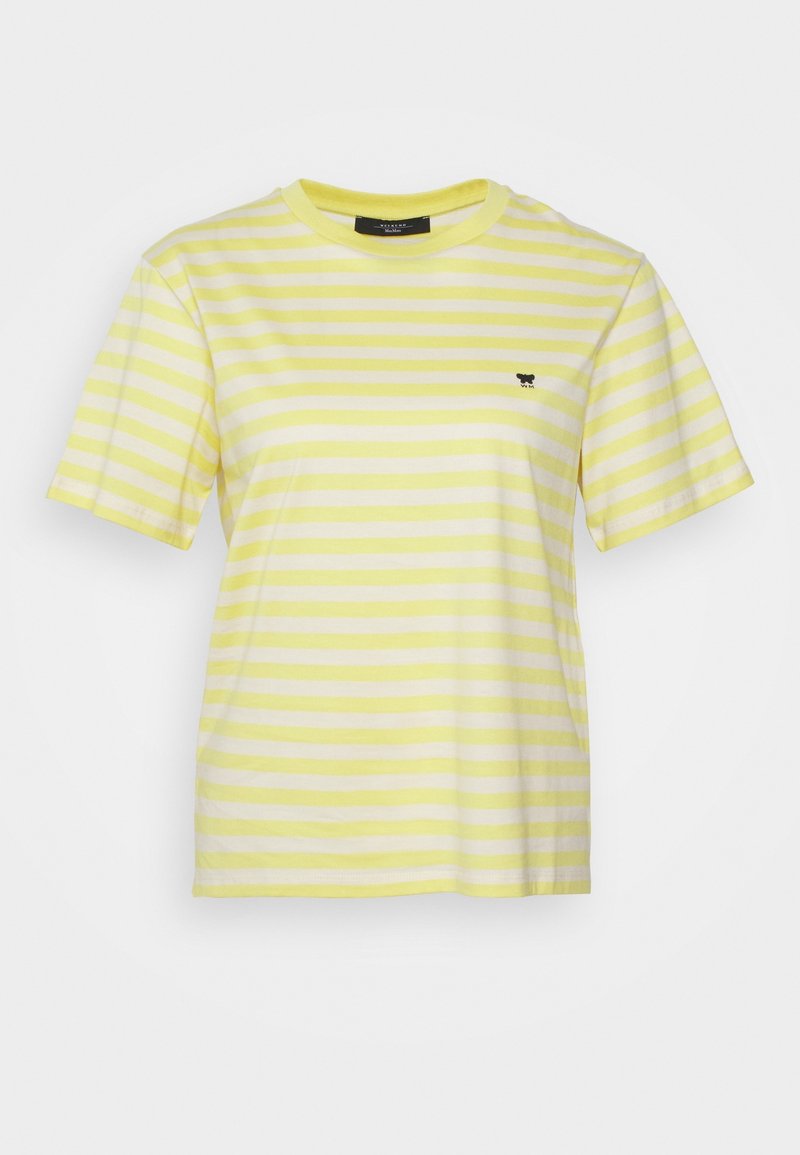 Gul og hvid stribet T-shirt, rund komfortable hals, korte ærmer, lavet af bomuld, med en lille sort logo detalje på brystet.