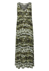 Robe maxi en tissu léger ; présente un motif abstrait vert et blanc, un décolleté en V, et une taille froncée pour une silhouette fluide.