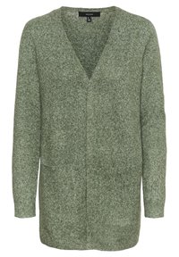 Green, long-sleeve cardigan made of textured knit fabric. Features a V-neck, open front, and two front pockets. Casual design.