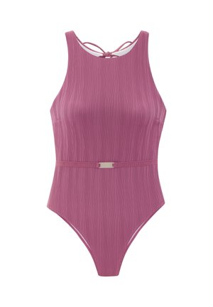 Ružové jednocestné plavky bez rukávov s textúrou, vysokým výstrihom, tenkým pásom so zúbkovanou sponou a šnúrkami na viazanie vzadu.