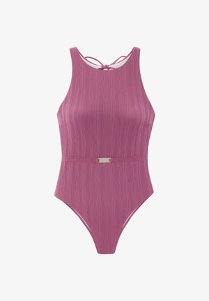 Varrukateta roosa tekstuuriga üheosaline ujumistrikoo kõrge kaelusega, õhuke vöö metallkinnitusega ning seotavate rihmadega tagant.