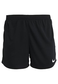 Pantalones cortos deportivos negros con cinturilla elástica, hechos de una tela suave. Presenta un pequeño logo blanco de Nike en el dobladillo inferior izquierdo.