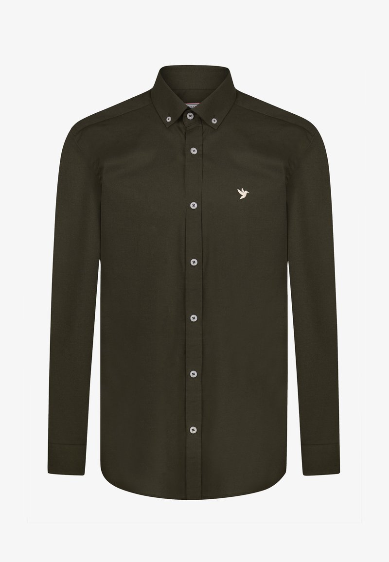 Ciemnozielona koszula z długim rękawem, z kołnierzykiem zapinanym na guziki, logo na piersi oraz białymi guzikami z przodu. Gładka tekstura materiału.