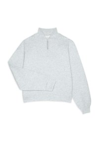 Sweatshirt gris cropped avec un col zippé en demi, des manches longues et un tissu doux. Design simple avec une texture lisse et peu de détails.