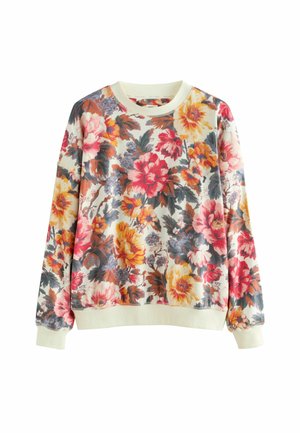 Blomstrede sweatshirt med en lys cremefarvet bund, lange ærmer, ribbede manchetter og et farverigt mix af røde, pink, gule og blå blomster i et tekstureret mønster.