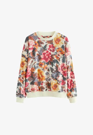 Blomstrede sweatshirt med en lys cremefarvet bund, lange ærmer, ribbede manchetter og et farverigt mix af røde, pink, gule og blå blomster i et tekstureret mønster.
