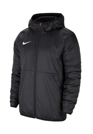 Veste matelassée noire Nike avec capuche, fermeture éclair frontale et poches latérales, avec le logo Nike swoosh blanc sur la poitrine.