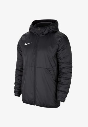 Veste matelassée noire Nike avec capuche, fermeture éclair frontale et poches latérales, avec le logo Nike swoosh blanc sur la poitrine.