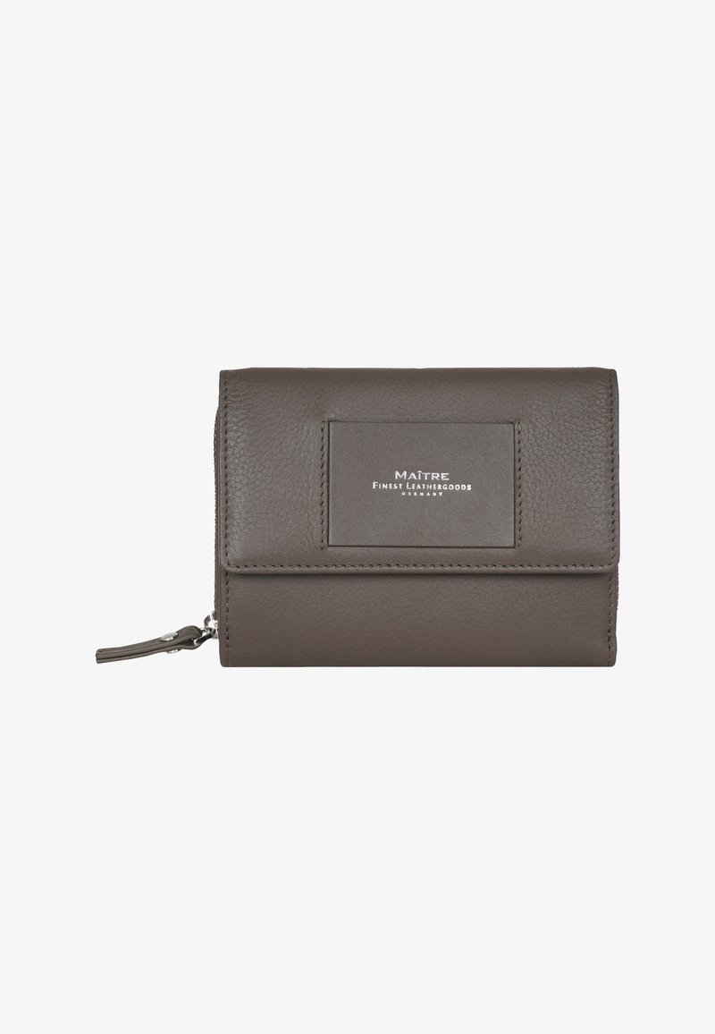Portafoglio in pelle grigia con una finitura testurizzata, dotato di chiusura a pattina, tirazip in argento e area per le carte. Logo del brand visibile.