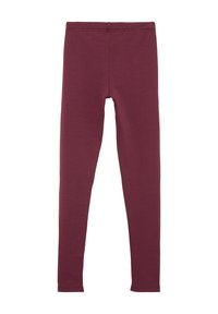 Burgundowe legginsy wykonane z miękkiej tkaniny jersey, z gładkim, elastycznym pasem w talii oraz dopasowaną sylwetką bez widocznych szwów.