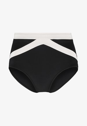 Aukšti juodos maudymosi šortai su balta chevrono dizainu priekyje, pagaminti iš lygaus elastingo audinio.