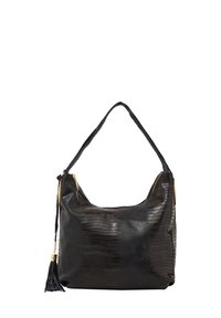 Borsa a spalla nera in ecopelle con una texture a motivo rettile, dettagli in metallo dorato e un tassello decorativo. Chiusura superiore con zip, tracolla ampia.