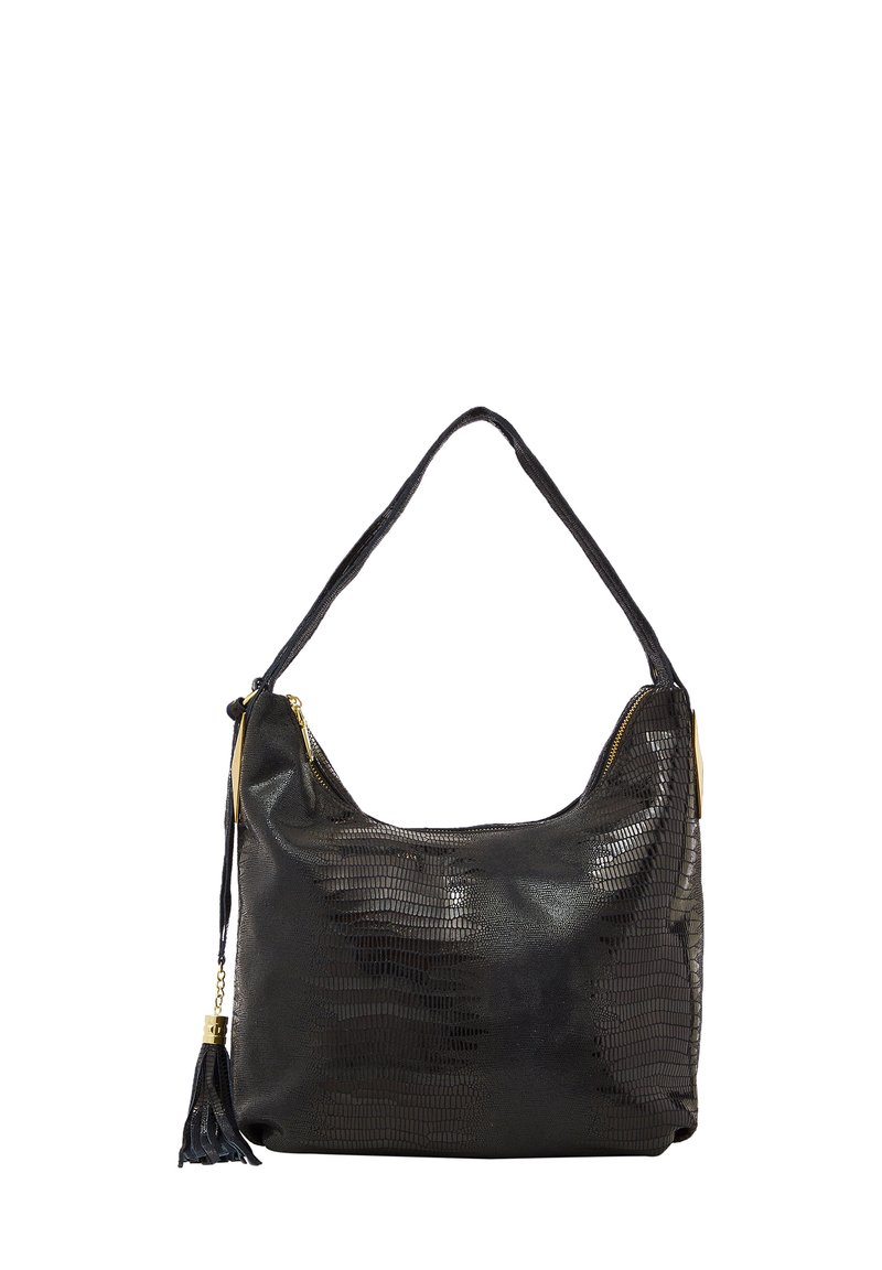 Borsa a spalla nera in ecopelle con una texture a motivo rettile, dettagli in metallo dorato e un tassello decorativo. Chiusura superiore con zip, tracolla ampia.