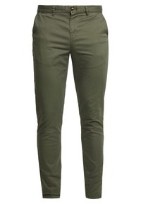 Chinos verde oliva in cotone, con taglio dritto, chiusura a bottone, tasche frontali e texture liscia. Nessun motivo visibile o decorazioni.