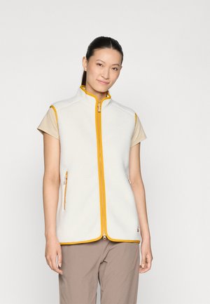 Witte fleece vest met korte mouwen, gele ritssluiting en contrasterende gele afwerking. Twee met rits gesloten zakken aan de voorkant.