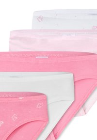 Set di mutandine per bambini di diversi colori: include rosa chiaro, rosa scuro e bianco con motivi e modelli a righe. Materiale in cotone morbido.