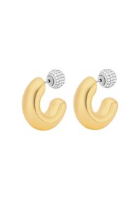 Orecchini color oro con una forma astratta e curvata. Ogni orecchino presenta una piccola palla di strass scintillante al posto.