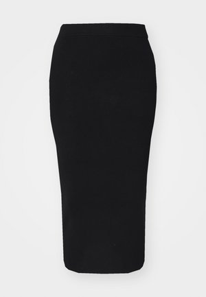 Gonna a matita nera con un design aderente, realizzata in tessuto elasticizzato. Presenta un'alta vita e una consistenza liscia, che si restringe verso l'orlo.