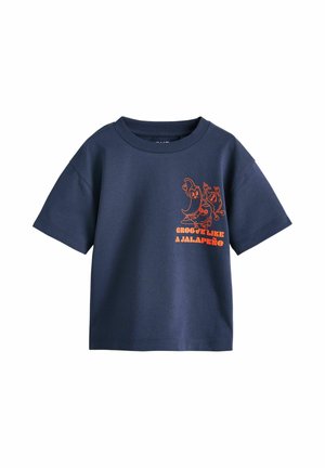 Navy blue short-sleeve T-shirt with orange graphic of dancing jalapeños and text "Groove like a jalapeño" on the chest.