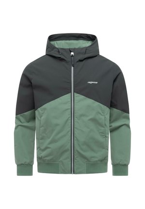 Dwukolorowa zielono-czarna kurtka z kapturem, z przednim suwakiem, ściągaczami przy mankietach, kieszeniami i logo "ragwear" na piersi.