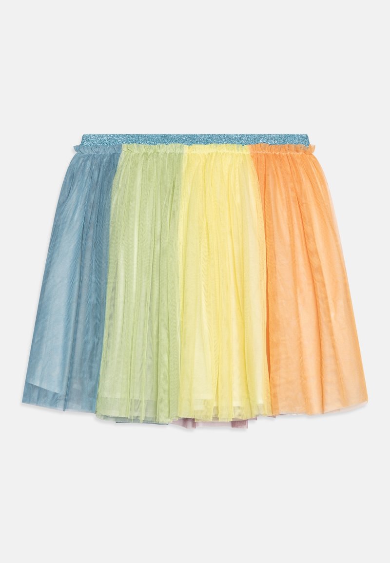 Jupe en tulle avec une ceinture élastique bleue et quatre panneaux verticaux en bleu, vert clair, jaune et orange, présentée à plat sur fond blanc.