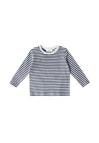 Langärmliges gestreiftes Hemd in Marineblau und Weiß. Mit Rundhalsausschnitt, weichem Stoff und gleichmäßigen horizontalen Streifen. Minimalistisches Design.