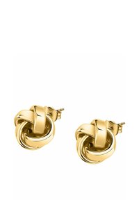 Een paar gouden knoopvormige stud oorbellen met een gepolijste afwerking en vlindersluiting op een witte achtergrond.