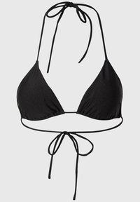 Black triangle bikini top with adjustable tie straps, featuring a smooth texture and minimalistic design. Lined interior for comfort.
