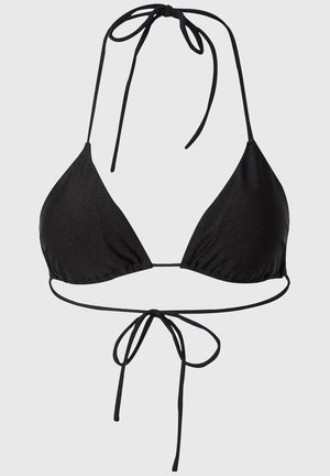 Black triangle bikini top with adjustable tie straps, featuring a smooth texture and minimalistic design. Lined interior for comfort.