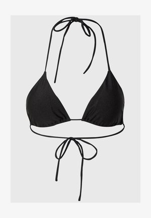 Melnas trīsstūra formas bikini augšdaļa ar regulējamiem saitēm, ar gludu tekstūru un minimālistisku dizainu. Iekšpuse ar oderi komfortam.