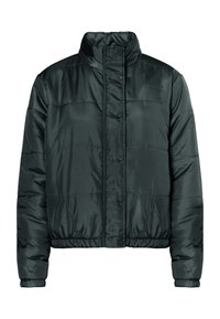 Giacca a vento cropped di colore verde scuro. Materiale liscio e lucido con colletto rialzato, chiusura a bottoni a pressione e polsini e orlo elastici.