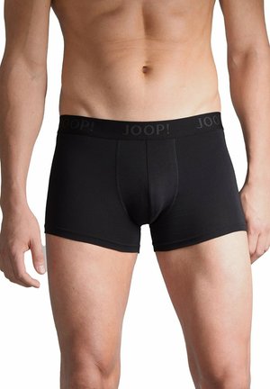 Schwarze Boxershorts mit einer glatten Textur, ausgestattet mit einem breiten Bund, auf dem in kontrastierender Farbe "JOOP!" gedruckt ist.