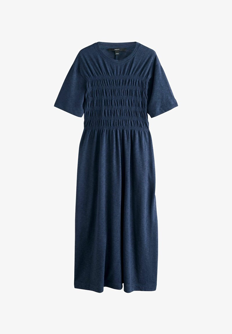 Rochie cu mâneci scurte, albastru marin, cu un corset adunat și croială lejeră. Fabricată dintr-un material moale, cu o textură netedă și design cu picioare largi.