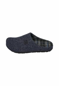 Navy blue felt slipper with a rounded toe, open back, and black rubber sole. Interior features a plaid pattern in blue and green tones.