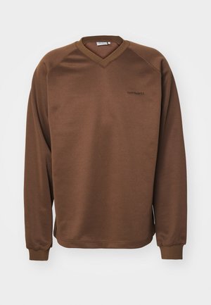 Brauner Pullover mit V-Ausschnitt, langen Raglanärmeln und gerippten Bündchen. Verfügt über ein dezentes gesticktes Logo auf der Brust. Angenehme, glatte Textur.
