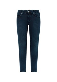 Vaqueros de denim azul oscuro con un corte slim, diseño de cinco bolsillos y cintura con cinturón. Presenta una cremallera y cierre de botón metálico.
