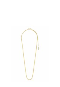 Halskæde i metal med guldfarve med et elegant, fladt kædedesign med en diskret glans, afsluttet med en delikat justerbar lås og forlængelse.