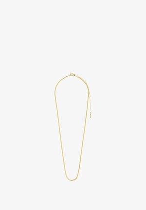 Gold-tone metal necklace features a sleek, flat chain design with a subtle shine, completed with a delicate adjustable clasp and extension.