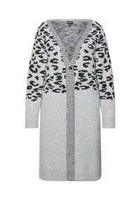 Ljusgrå cardigan med svart leopardmönster över bröstet, vertikala ränder, djup V-ringning och långa ärmar.