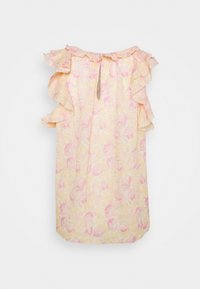 Abito floreale corto in giallo pastello con accenti rosa, caratterizzato da maniche a volant e un dettaglio a chiave sulla schiena. Tessuto morbido e leggero.
