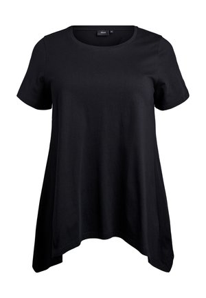 Zwarte t-shirt met korte mouwen, ronde halslijn en een gebogen zoom. Gemaakt van zachte stof, met een relaxed fit en zonder zichtbare patronen.