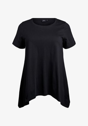 Must must shirt lühikeste varrukatega, ümar kaelaauk ja kõver hem. Valmistatud pehmest kangast, iseloomustab vabalt langev sobivus ja nähtamatud mustrid.
