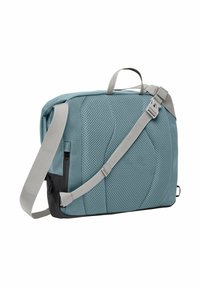 Borsa a tracolla teal e nera con una superficie testurizzata e traspirante, una tracolla grigia regolabile e una maniglia superiore. Presenta una tasca laterale con zip.
