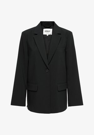 Blazer negro con solapa, cierre de un solo botón, dos bolsillos frontales y mangas largas. Tejido suave con un corte entallado.