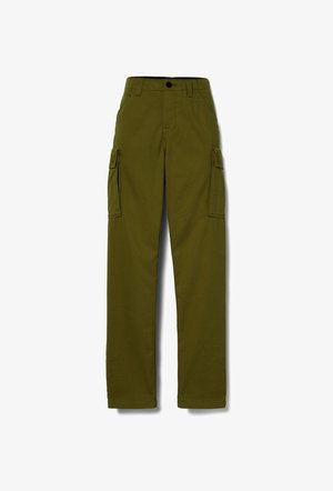 Olive green cargo pants made from durable fabric. Features two side pockets, a button closure, and straight legs with a clean finish.