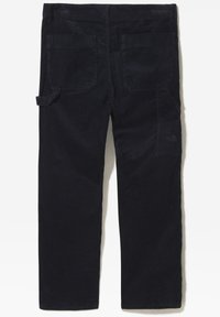 Pantaloni in corduroy di colore blu navy scuro, con due tasche posteriori e una tasca laterale, design a gamba dritta e tessuto testurizzato.