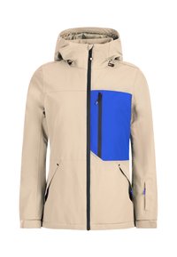 Beige jas met een blauwe accentzak, ritssluiting, verstelbare capuchon en zijzakken. Glad, weerbestendig materiaal met zwarte afwerkingen.
