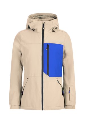 Beige jacket with a blue accent pocket, zippered closure, adjustable hood, and side pockets. Smooth, weather-resistant fabric with black trim.