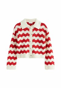 Cardigan court en rouge et blanc avec un motif zigzag texturé, doté d'une fermeture à boutons et d'un col plat. Tissu tricoté, poignets côtelés.