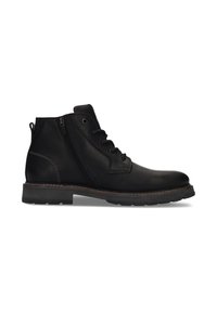 Schwarze Leder-Ankle-Boots mit seitlichem Reißverschluss, Schnürung vorne, gepolstertem Kragen und strukturiertem Gummisohlensohle.